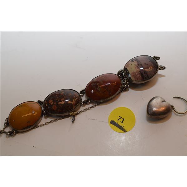 Very Old Agate Gemstones Bracelet w/ Heart Clasp (Likely Silver – Not Verified)