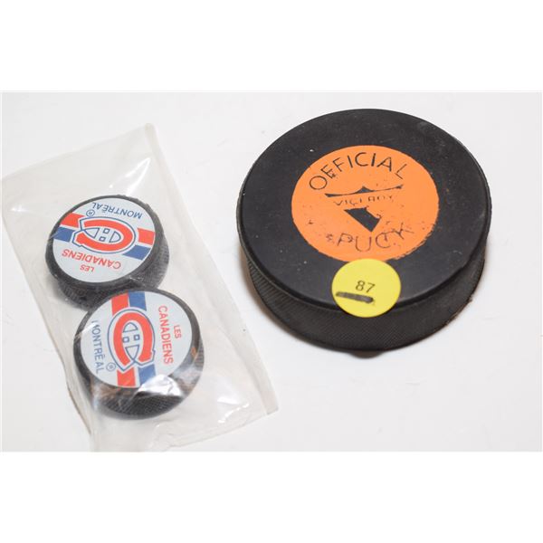 NOS 1960’s Hockey Puck, (2) 1988 Mini Montreal Canadiens Puck