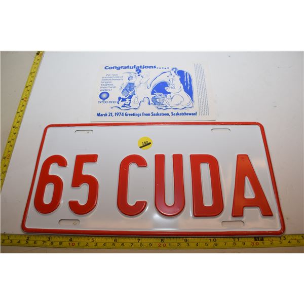 1974 Saskatoon Postcard, 1965 CUDA License Plate