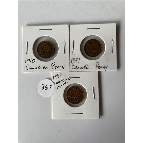 3 Canadian pennies 1950, 1951, 1952