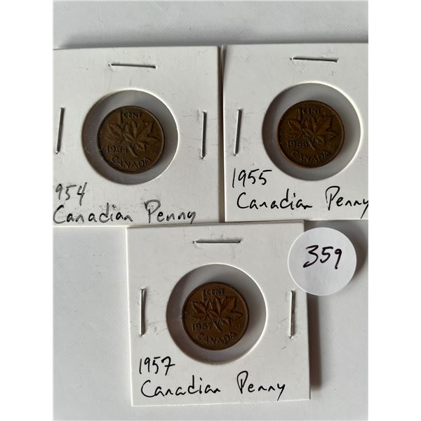 3 Canadian Pennies 1954, 1955, 1957