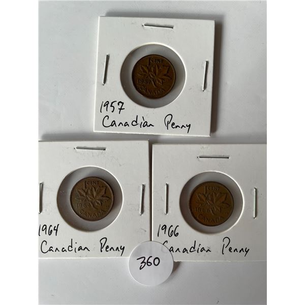 3 Canadian Pennies 1957, 1964, 1966
