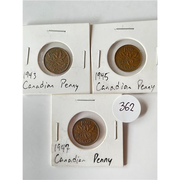 3 Canadian Pennies 1943, 1945, 1947