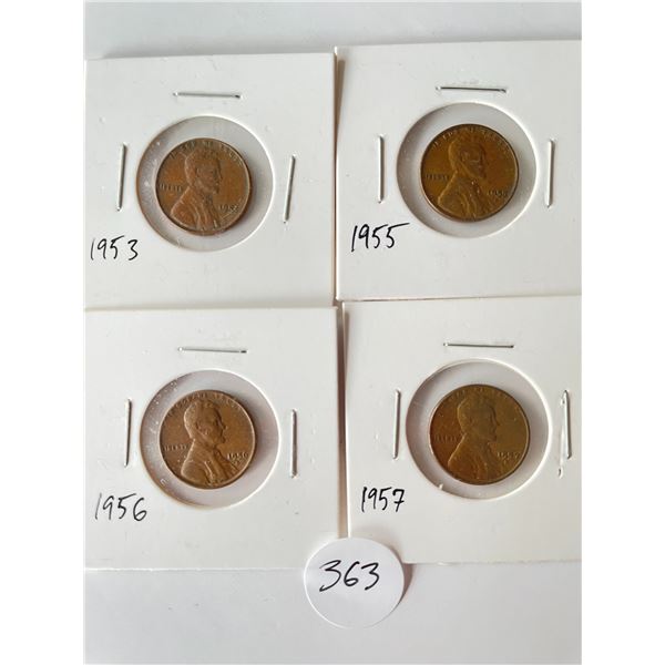 4 American US Pennies 1953, 1955, 1956, 1957
