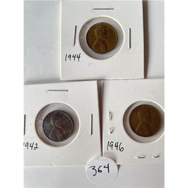 3 American US Pennies WW2 1942, 1944, 1946