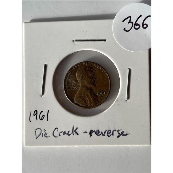 1961 American US Penny Die Crack-Reverse