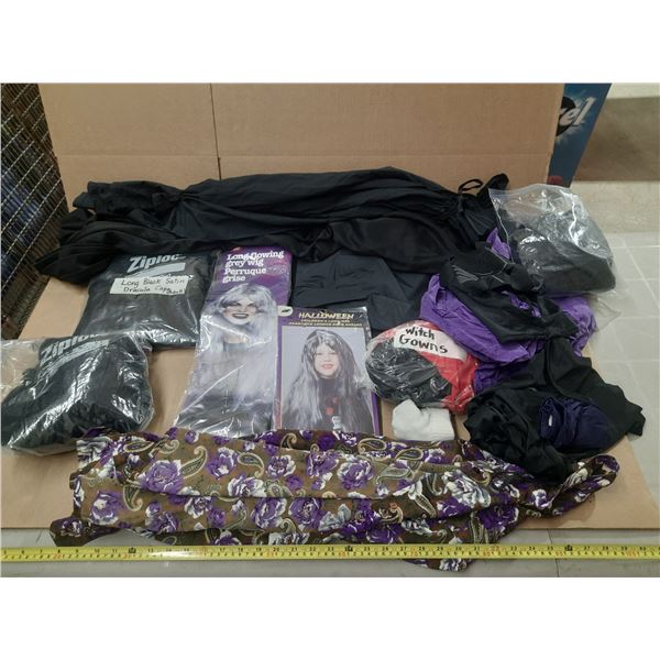 Lot of Halloween Costumes. (It Includes Long Flowing Wigs, Handgloves, Black Hooded Costume (Adult),