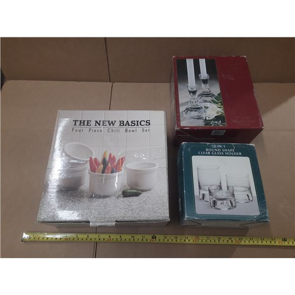 The New Basics Four Piece Chilli Bowl Set (New), Round Shape Clear Glass Holder (New) and Pair of Cr