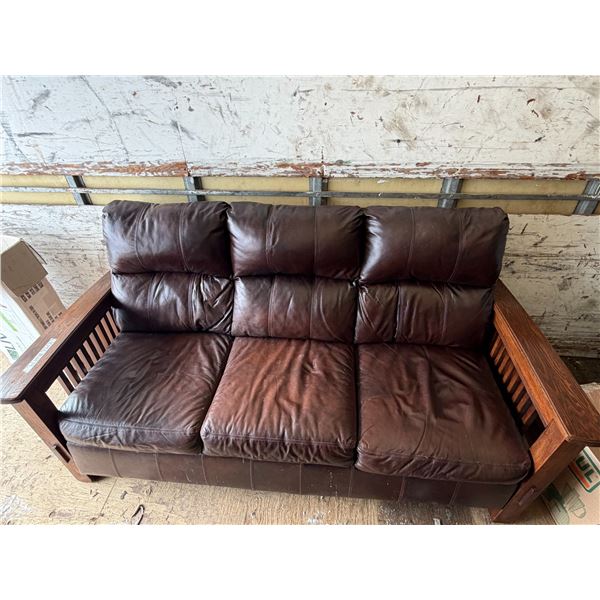 Large Brown Leather Sofa With Wooden Handles. (Length 80"  -  Breadth 39"  -  Height 41") (Excellent