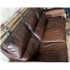 Image 2 : Large Brown Leather Sofa With Wooden Handles. (Length 80"  -  Breadth 39"  -  Height 41") (Excellent