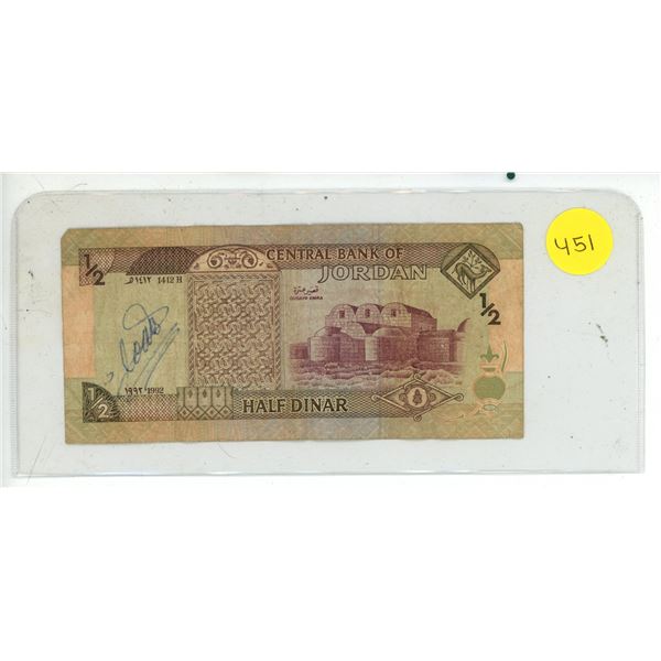 Jordan 1/2 Dinar banknote issued by the Central Bank of Jordan.