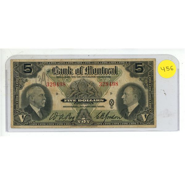 1935 Bank of Montreal five-dollar bill, featuring portraits of W.A. Bog and C.B. Gordon.