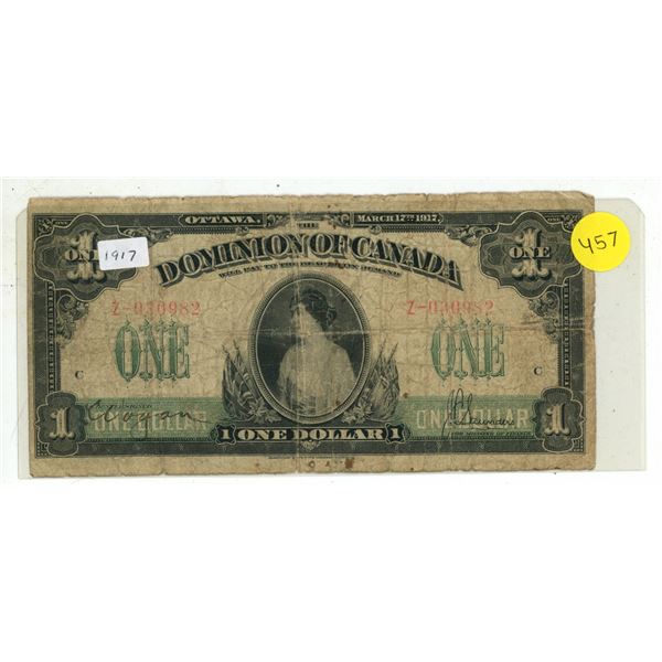 1917 Dominion of Canada One Dollar Banknote.