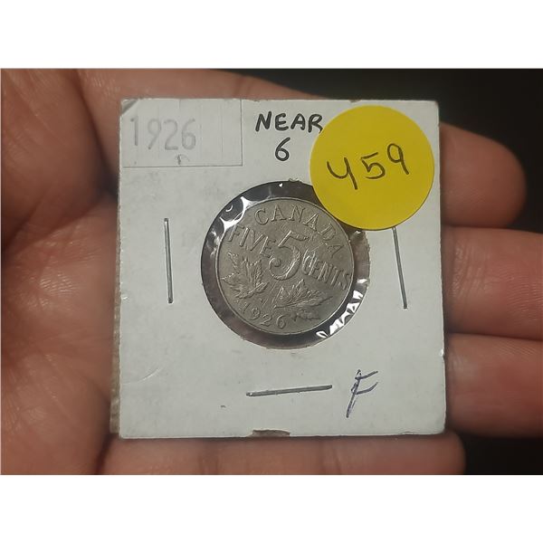 1926 Near 6 Canada 5 Cent Coin.