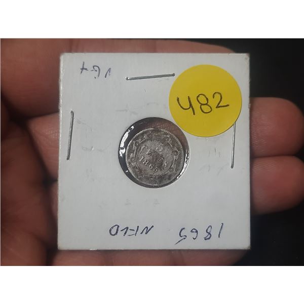 1865 New Foundland Silver 5 Cents.