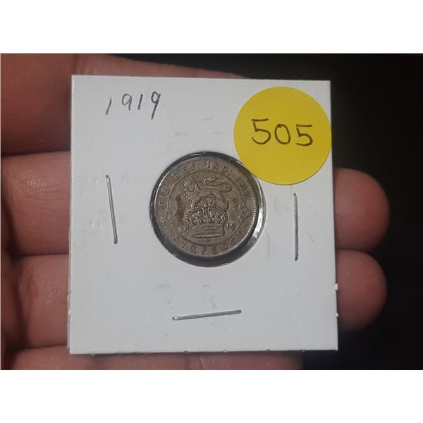 1919 United Kingdom Silver Sixpence Coin.