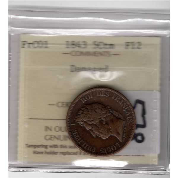 ICCS FRENCH COLONIES 1843 50 CTM AS SHOWN