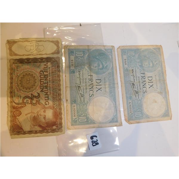 1944 AMSTERDAM WW II 25 GUILDEN, AND 1940 AND 1941 10 FRANC BILLS
