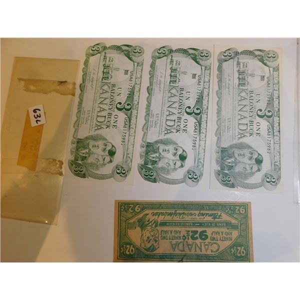 NOVELTY THREE DOLLAR BILLS AND DIEFENBAKER BILL