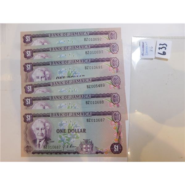 6-JAMAICA ONE DOLLAR NOTES 1960 UNC