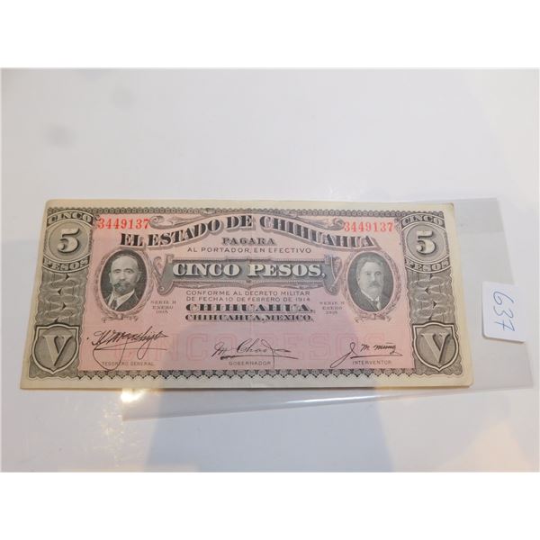 MEXICAN REVOLUTION 5 PESO BILL, CHIHUAHUA PROVINCE, 1915