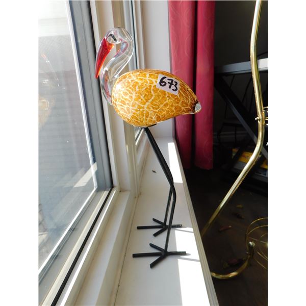 ART GLASS STORK ON METAL LEGS