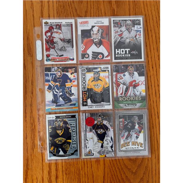 Assorted Rookie Goalie Cards - 1 Sheet (9 Hockey Cards)