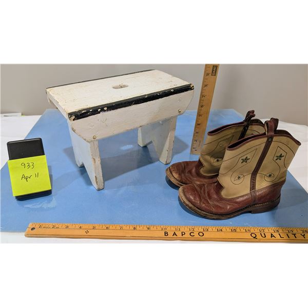 Child Size Antique Milking Stool and Vintage 60s Kid's Cowboy Boots