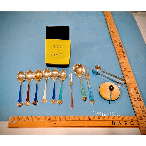 Lot of Golden and Enamel Tableware. Marked Sterling...?... Norway