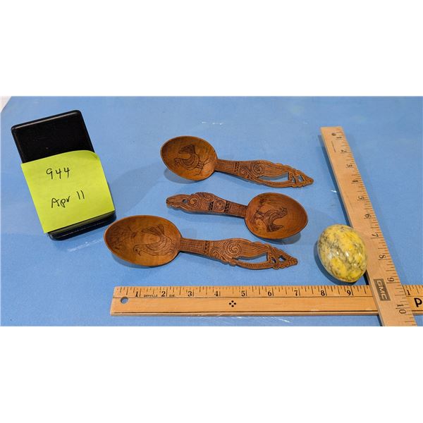Solid Wood Folk Art Carved Spoons and Polished Stone Egg