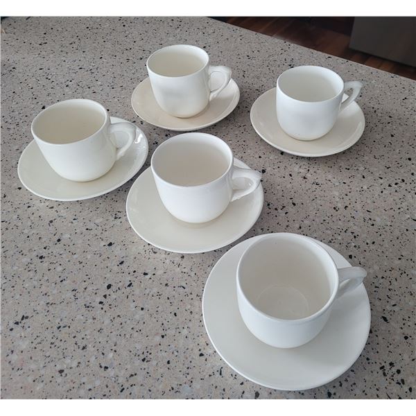 Medicine Hat Potteries, set of five teacups with saucers, ivory coloured