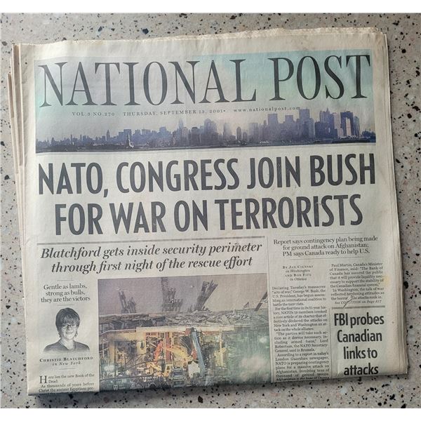 National Post newspaper September 13, 2001and StarPhoenix newspaper September 12  2001.  Both comple