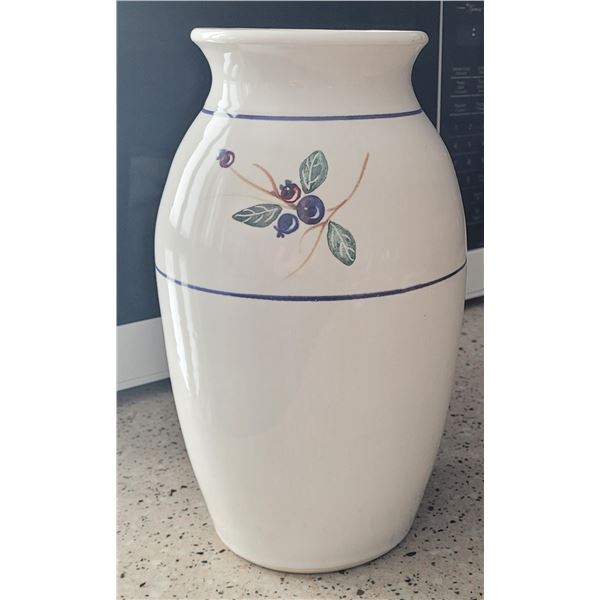 Pristine, never used KURENDA 10 3/4" tall fluted ivory coloured vase with hand painted Saskatoon ber
