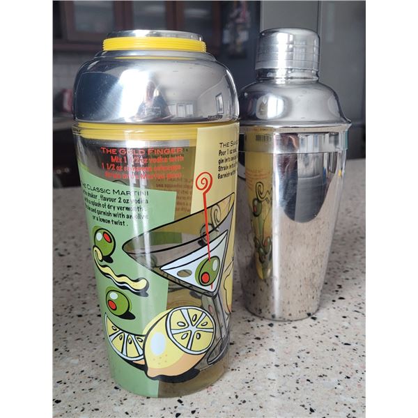 Two cocktail shakers - one glass with cocktail recipes - one stainless steel
