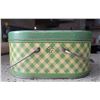 Image 1 : Vintage green and yellow oval metal child's lunch box with handles 8" x 5" x 4" with one inch deep r