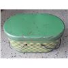 Image 2 : Vintage green and yellow oval metal child's lunch box with handles 8" x 5" x 4" with one inch deep r