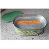 Image 5 : Vintage green and yellow oval metal child's lunch box with handles 8" x 5" x 4" with one inch deep r