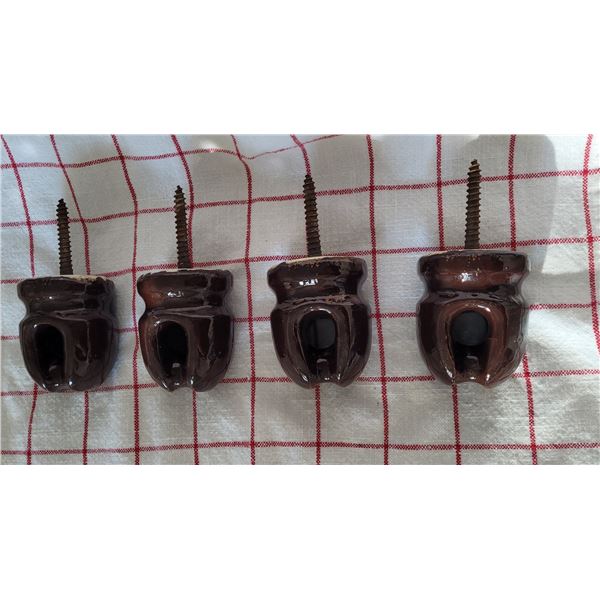 Set of four vintage brown ceramic insulators with lag screw - 3" tall