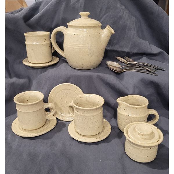 Handmade pottery tea set - made by Gail Carlson from PA - 4 1/2" tall teapot + six silver spoons
