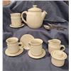 Image 1 : Handmade pottery tea set - made by Gail Carlson from PA - 4 1/2" tall teapot + six silver spoons
