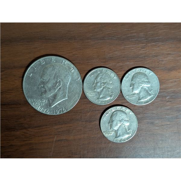1976 American Dollar and (3) 25 Cent American Coins (1973/1982/1995)