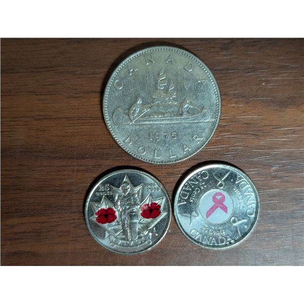 Canadian 1975 Dollar and (2) 25 Coins (1) Poppy 1945-2010 (1) Breast Cancer 2006