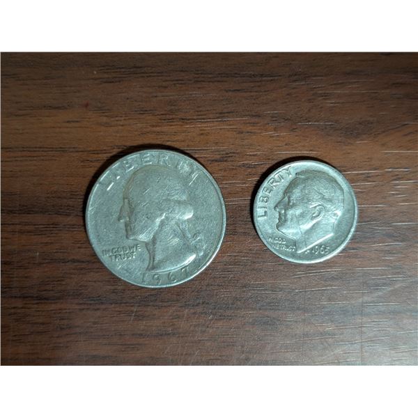 American 25 Cent Coin 1967 and American 1965 10 Cent Coin