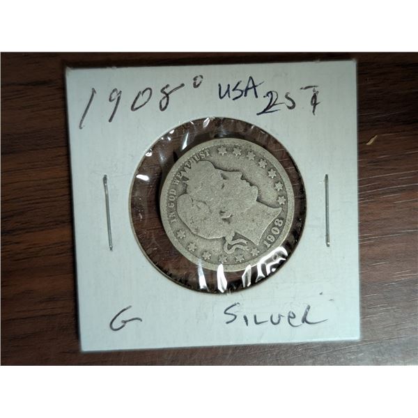 1908 American 25 Cent Coin (Silver)