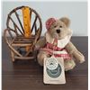 Image 2 : Small girl bear with bow and rustic chair - bear has moveable limbs and head.  Very sweet, in mint c