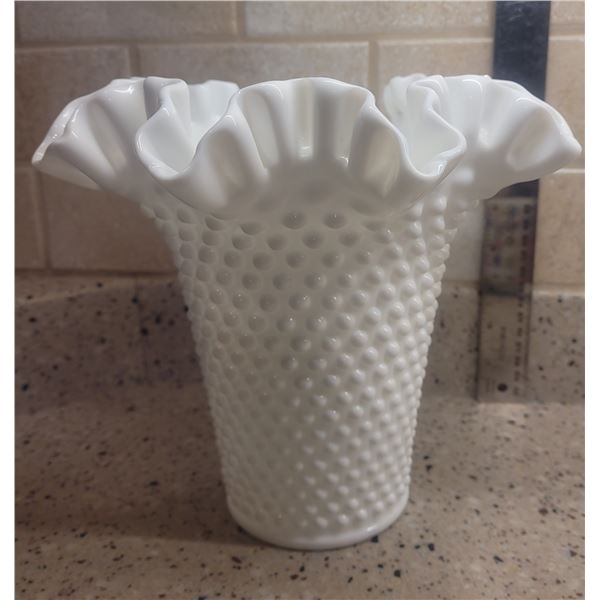 Antique ruffled edge polka dotmilk glass vase - 8"tall x 8" wide at upper edge - in pristine conditi