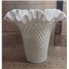 Image 1 : Antique ruffled edge polka dotmilk glass vase - 8"tall x 8" wide at upper edge - in pristine conditi