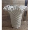 Image 2 : Antique ruffled edge polka dotmilk glass vase - 8"tall x 8" wide at upper edge - in pristine conditi