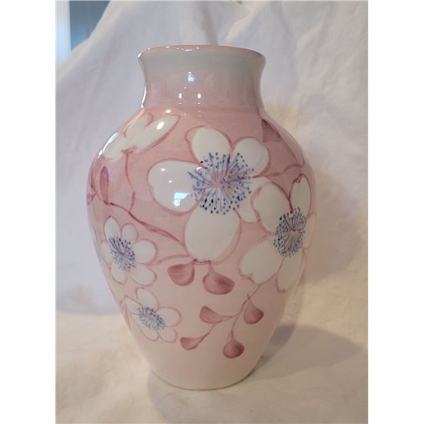Pink ceramic vase with flowers - 8" tall - beautifully hand painted and glazed