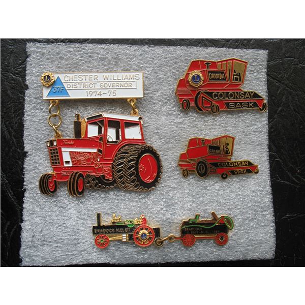 LOT OF 4 LIONS CLUB PINS- TRACTORS - COMBINES - SASKATCHEWAN and NORTH DAKOTA